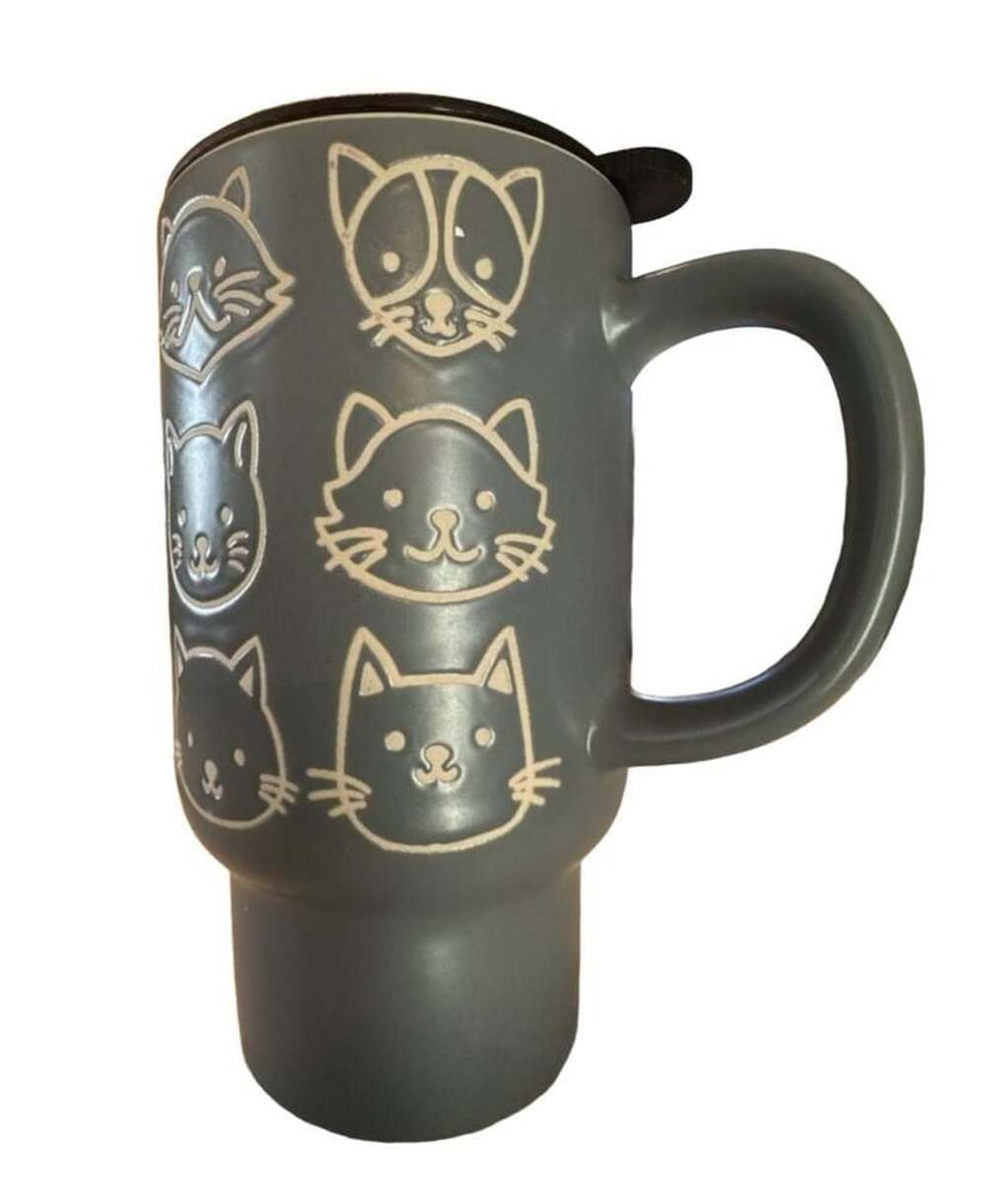 Boston Warehouse Gray Etched Cat Faces Stoneware Coffee Mug with Lid